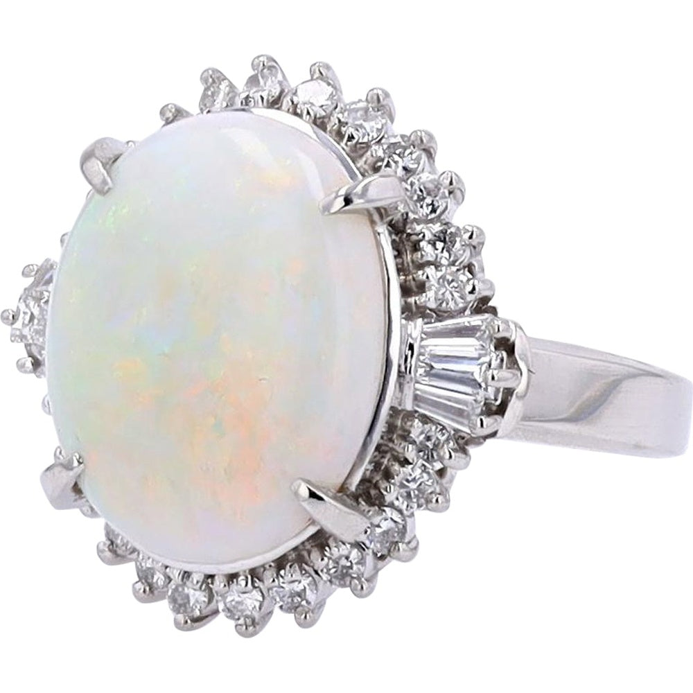 Platinum Oval Opal Halo Ring with Round and Baguette Diamonds - 4.06 Carat Opal and 0.52 Carat Total Diamond Weight