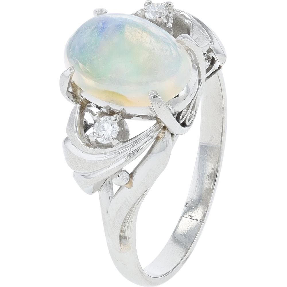 Platinum Oval Opal Ring with 0.06 Carat Total Diamond Accents