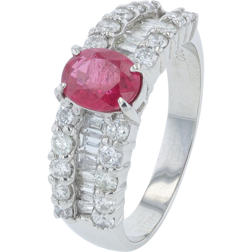 Platinum Oval Ruby Ring with Baguette and Round Diamond Accents - 1.09 Carat Ruby and 1.01 Carat Total Diamond Weight