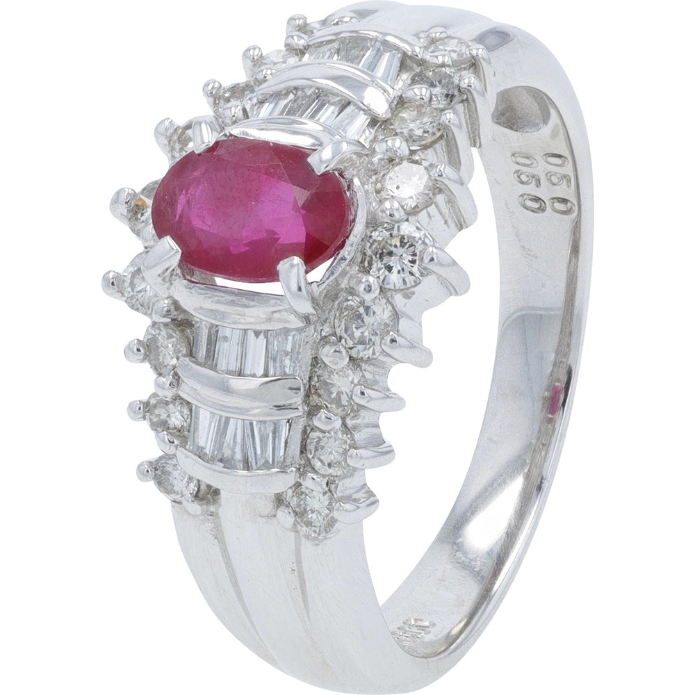 Platinum Oval Ruby Ring with Baguette and Round Diamond Halo - 0.50 Carat Ruby and 0.50 Carat Total Diamond Weight
