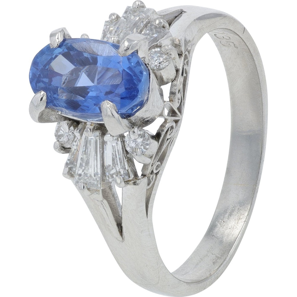 Platinum Oval Sapphire Ring with Baguette and Round Diamond Accents - 1.67 Carat Sapphire and 0.35 Carat Total Diamond Weight