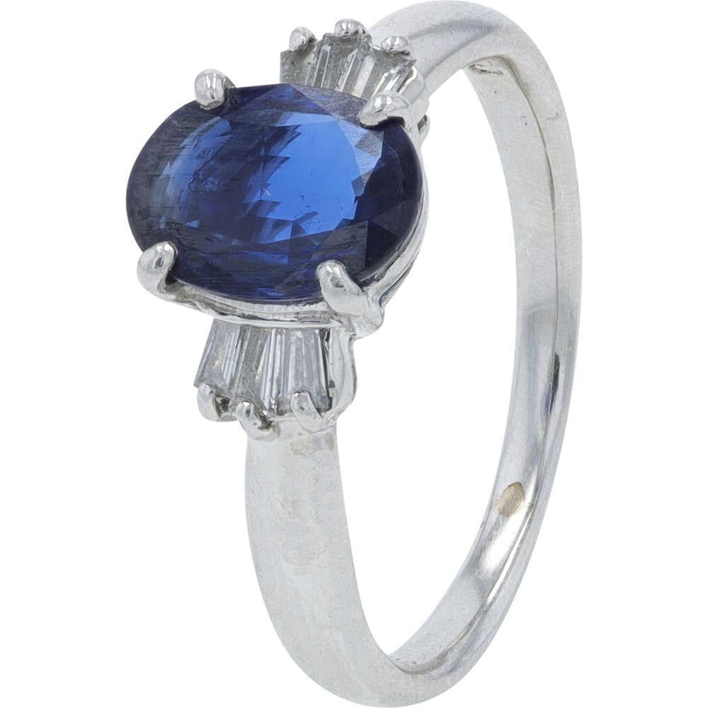 Platinum Oval Sapphire Ring with Baguette Diamond Accents - 1.20 Carat Sapphire and 0.75 Carat Total Diamond Weight