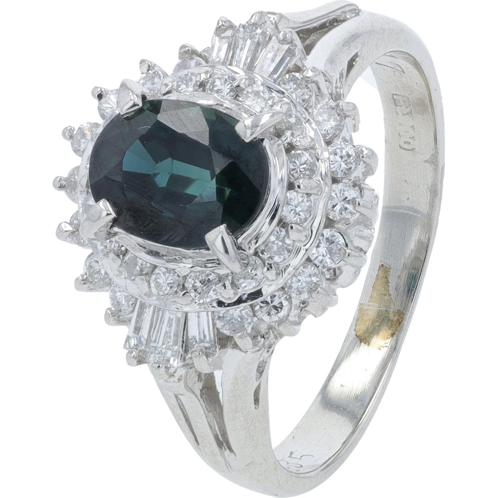 Platinum Oval Sapphire Ring with Round and Baguette Diamond Double Halo - 1.17 Carat Total Sapphire Weight and 0.35 Carat Total Diamond Weight