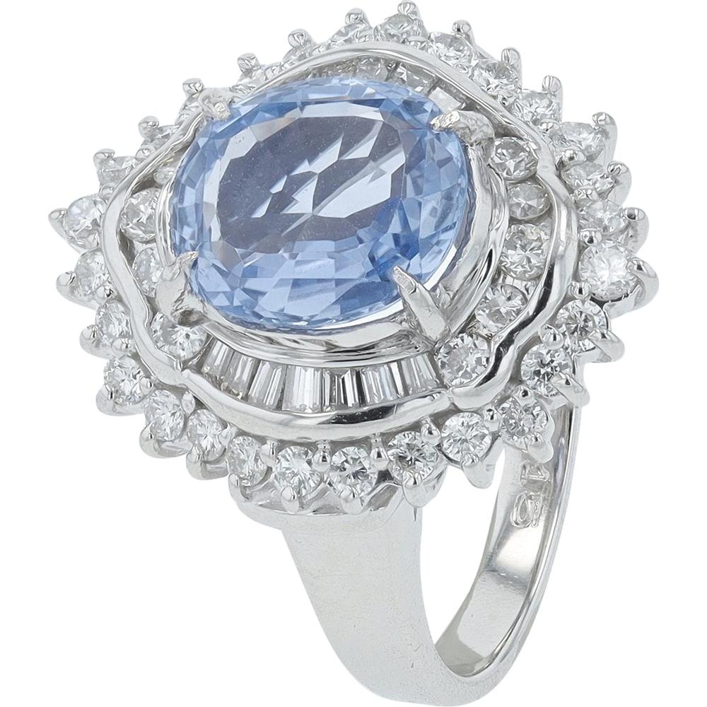 Platinum Oval Sri Lanka Sapphire Halo Ring with Round and Baguette Diamonds - 1.31 Carat Sapphire, 1.05 Carat Diamonds