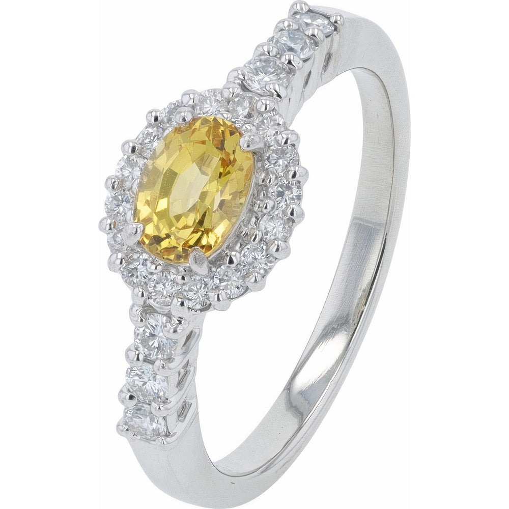 Platinum Oval Yellow Sapphire Halo Ring with Round Diamond Accents - 0.64 Carat Yellow Sapphire and 0.28 Carat Total Diamond Weight