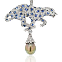 Platinum Panther Pendant-Brooch with 5.50 Carats Diamonds, Sapphires, Emerald Eyes & Tahitian Pearl Drop - Signed Cartier