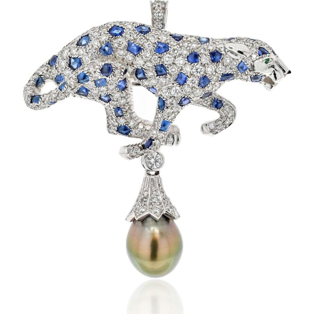 Platinum Panther Pendant-Brooch with 5.50 Carats Diamonds, Sapphires, Emerald Eyes & Tahitian Pearl Drop - Signed Cartier