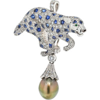 Platinum Panther Pendant-Brooch with 5.50 Carats Diamonds, Sapphires, Emerald Eyes & Tahitian Pearl Drop - Signed Cartier