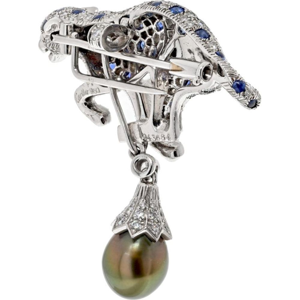 Platinum Panther Pendant-Brooch with 5.50 Carats Diamonds, Sapphires, Emerald Eyes & Tahitian Pearl Drop - Signed Cartier