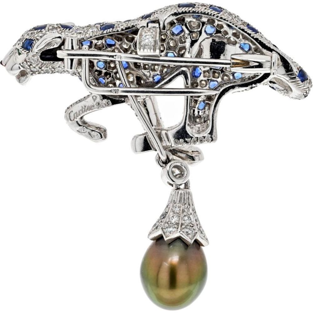 Platinum Panther Pendant-Brooch with 5.50 Carats Diamonds, Sapphires, Emerald Eyes & Tahitian Pearl Drop - Signed Cartier