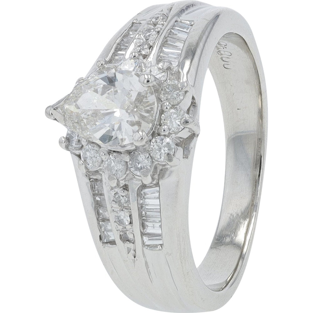 Platinum Pear-Cut Diamond Engagement Ring with Baguette and Round Accent Stones - 0.88 Carat Total Diamond Weight
