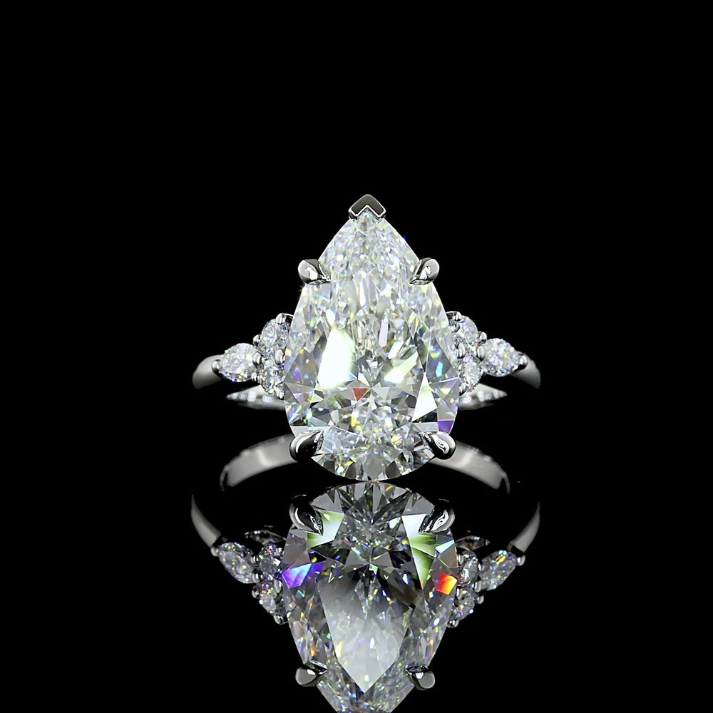 Platinum Pear Shape Engagement Ring with 4.51 Carats Lab Grown F VS1 Center Diamond and Marquise & Round Diamond Accents - 4.75 Carats Total Diamond Weight - Covaloro Fine Jewelry