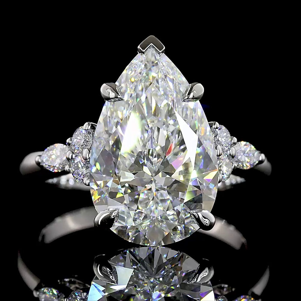 Platinum Pear Shape Engagement Ring with 4.51 Carats Lab Grown F VS1 Center Diamond and Marquise & Round Diamond Accents - 4.75 Carats Total Diamond Weight - Covaloro Fine Jewelry