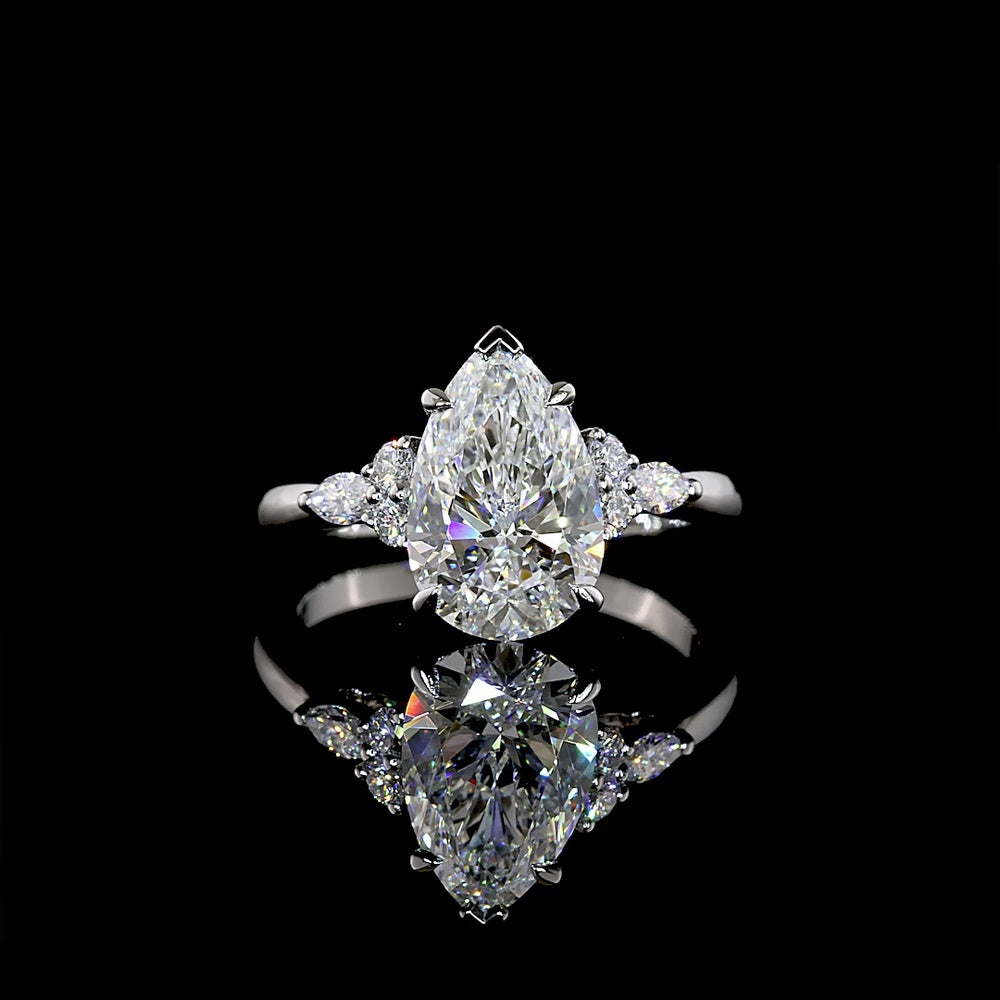 Platinum Pear Shape Lab Diamond Ring with Marquise and Round Accents - 2.82 Carat Total Diamond Weight, F Color VS1 Clarity - Covaloro Fine Jewelry