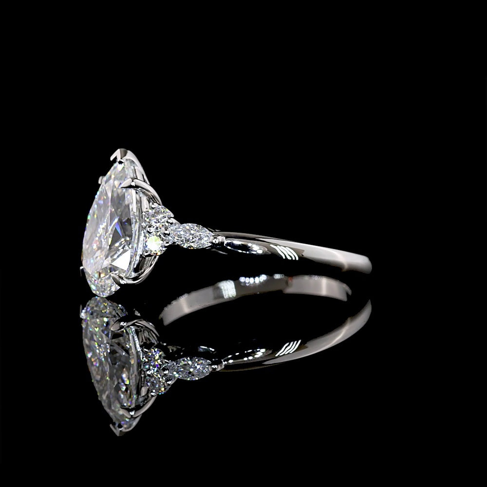Platinum Pear Shape Lab Diamond Ring with Marquise and Round Accents - 2.82 Carat Total Diamond Weight, F Color VS1 Clarity - Covaloro Fine Jewelry