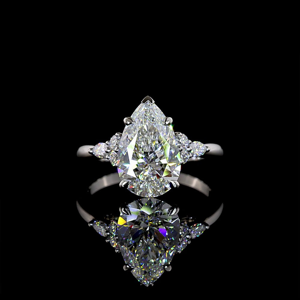 Platinum Pear-Shape Lab Diamond Ring with Marquise and Round Accents - 3.46 Carat Total Weight (F-VS1) - Covaloro Fine Jewelry