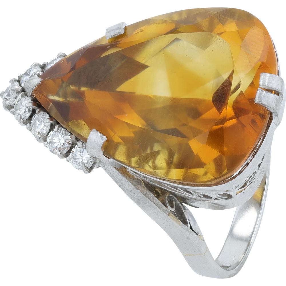 Platinum Pear-Shaped Citrine Cocktail Ring with Diamond Accents - 15.92 Carats Citrine, 0.42 Carats Diamonds