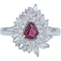 Platinum Pear-Shaped Ruby Ring with Double Halo of Round, Baguette, and Marquise Diamonds - 0.47 Carat Ruby and 0.68 Carat Total Diamond Weight