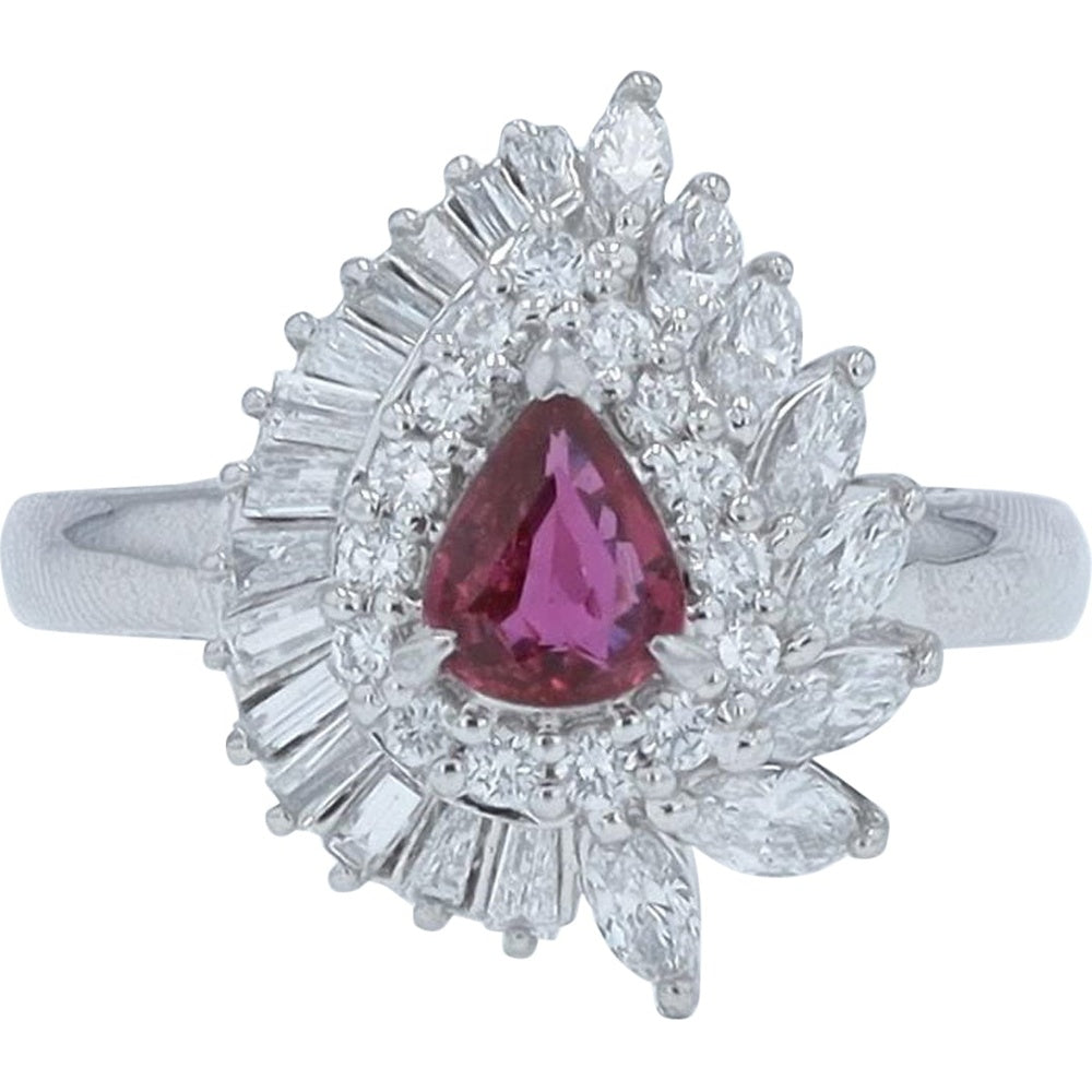 Platinum Pear-Shaped Ruby Ring with Double Halo of Round, Baguette, and Marquise Diamonds - 0.47 Carat Ruby and 0.68 Carat Total Diamond Weight