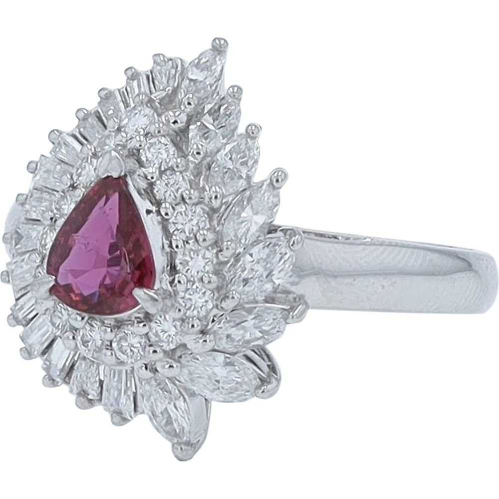 Platinum Pear-Shaped Ruby Ring with Double Halo of Round, Baguette, and Marquise Diamonds - 0.47 Carat Ruby and 0.68 Carat Total Diamond Weight