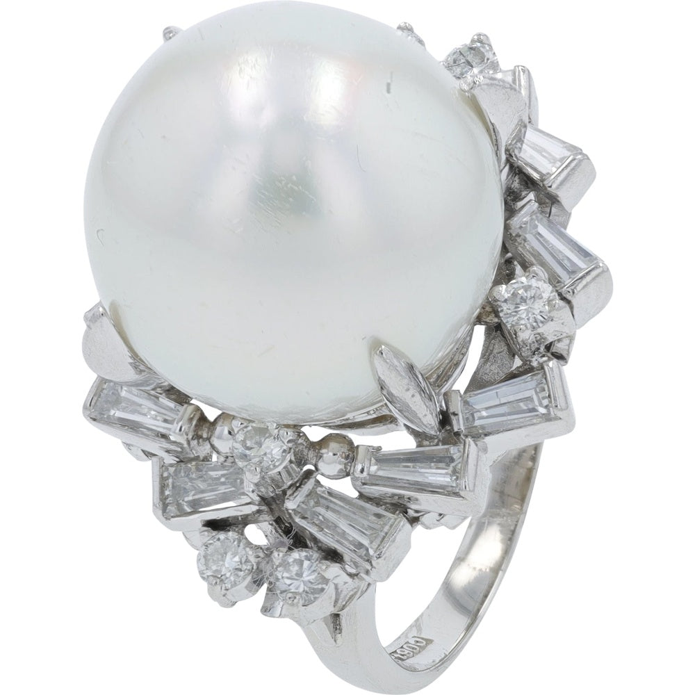 Platinum Pearl Ring with Baguette and Round Diamond Cluster Halo - 13.21mm Pearl and 0.92 Carat Total Diamond Weight