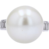 Platinum Pearl Ring with Channel-Set Baguette Diamonds - 15.5mm Pearl and 0.65 Carat Total Diamond Weight