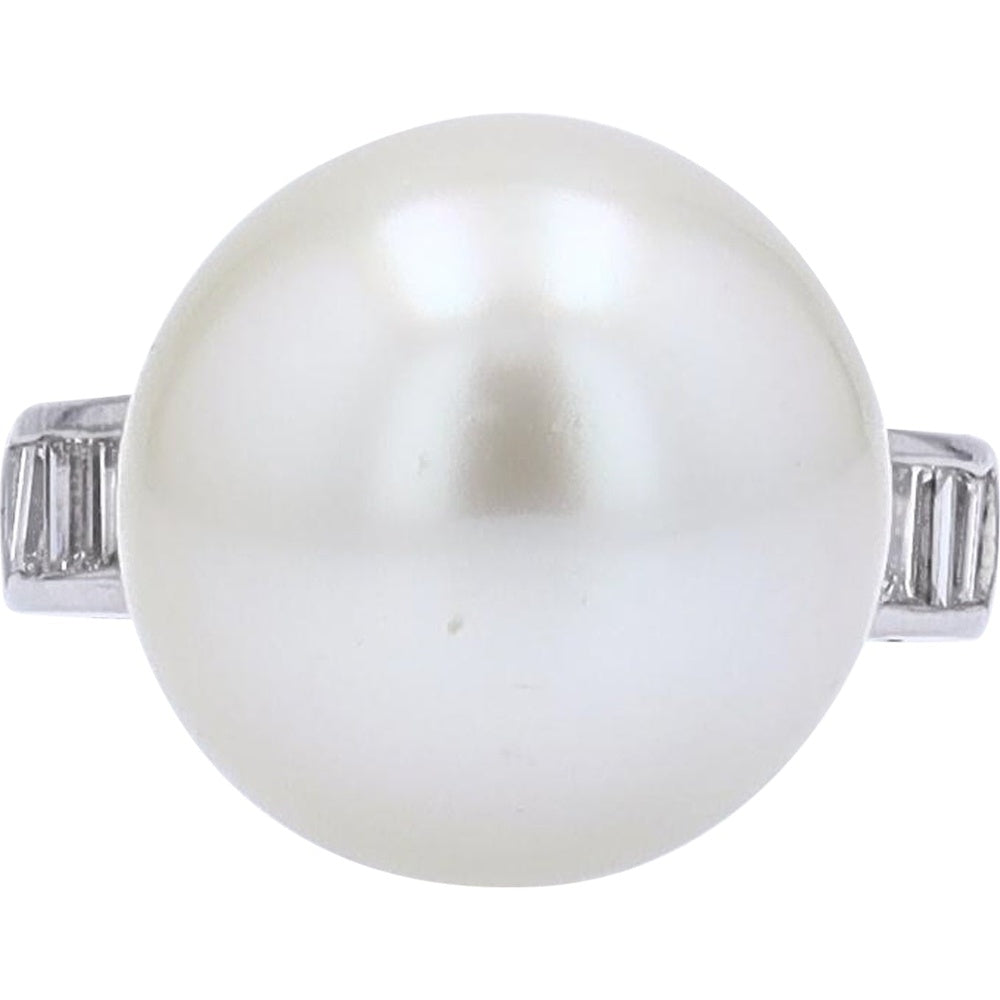 Platinum Pearl Ring with Channel-Set Baguette Diamonds - 15.5mm Pearl and 0.65 Carat Total Diamond Weight