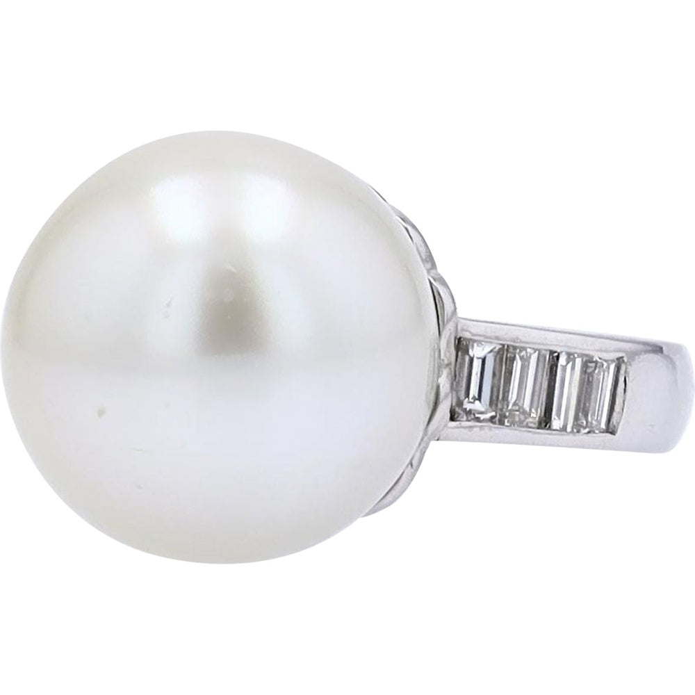 Platinum Pearl Ring with Channel-Set Baguette Diamonds - 15.5mm Pearl and 0.65 Carat Total Diamond Weight