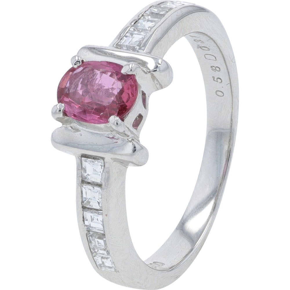 Platinum Pink Sapphire Ring with Oval-Cut Center Stone and Channel-Set Diamond Accents - 0.58 Carat Sapphire and 0.31 Carat Total Diamond Weight