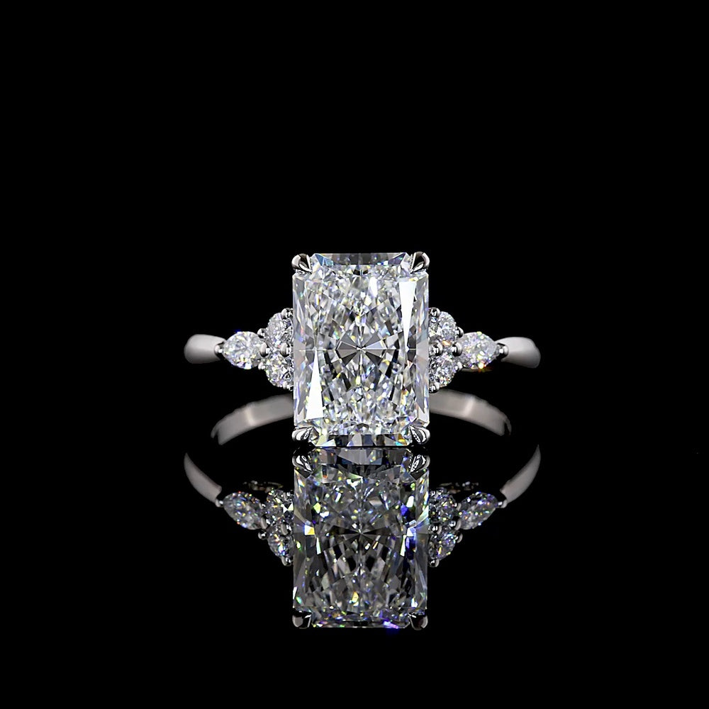 Platinum Radiant Cut Lab Diamond Ring with Marquise and Round Side Stones - 3.55 Carat Total Diamond Weight, F VS1 Center - Covaloro Fine Jewelry