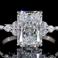 Platinum Radiant Cut Lab Diamond Ring with Marquise and Round Side Stones - 3.55 Carat Total Diamond Weight, F VS1 Center - Covaloro Fine Jewelry