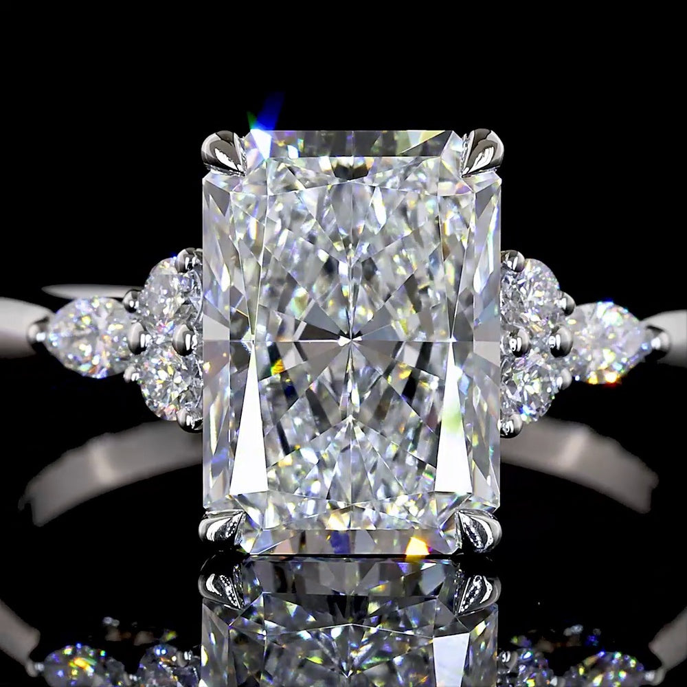 Platinum Radiant Cut Lab Diamond Ring with Marquise and Round Side Stones - 3.55 Carat Total Diamond Weight, F VS1 Center - Covaloro Fine Jewelry