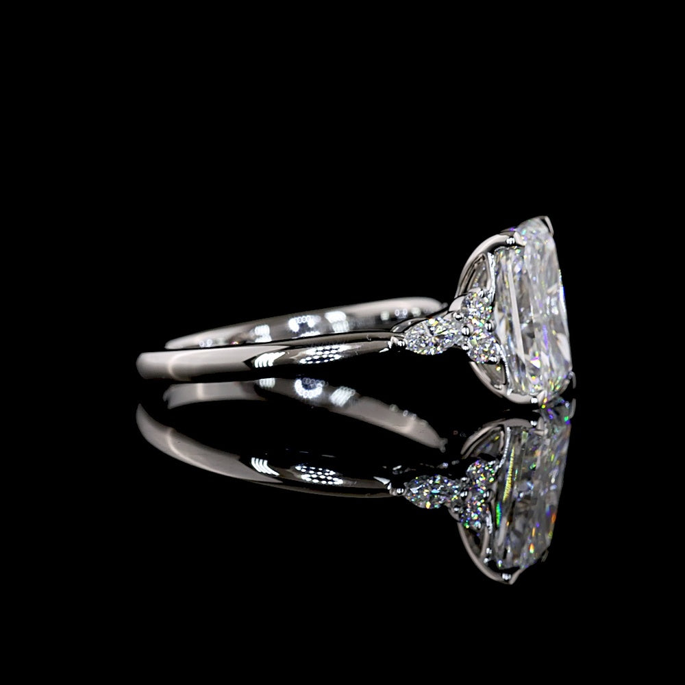 Platinum Radiant Cut Lab Diamond Ring with Marquise and Round Side Stones - 3.55 Carat Total Diamond Weight, F VS1 Center - Covaloro Fine Jewelry