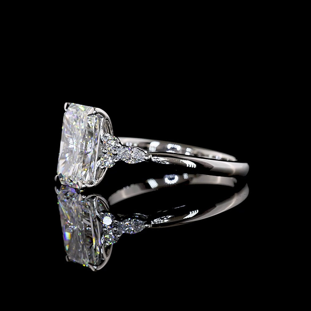 Platinum Radiant Cut Lab Diamond Ring with Marquise and Round Side Stones - 3.55 Carat Total Diamond Weight, F VS1 Center - Covaloro Fine Jewelry