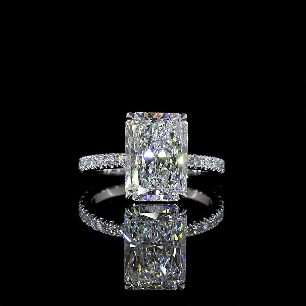 Platinum Radiant Cut Lab Diamond Solitaire Ring with North-South Setting and Pave Shank - 4.03 Carats Center, 4.5 Carats Total Diamond Weight - Covaloro Fine Jewelry