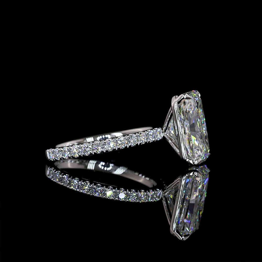 Platinum Radiant Cut Lab Diamond Solitaire Ring with North-South Setting and Pave Shank - 4.03 Carats Center, 4.5 Carats Total Diamond Weight - Covaloro Fine Jewelry
