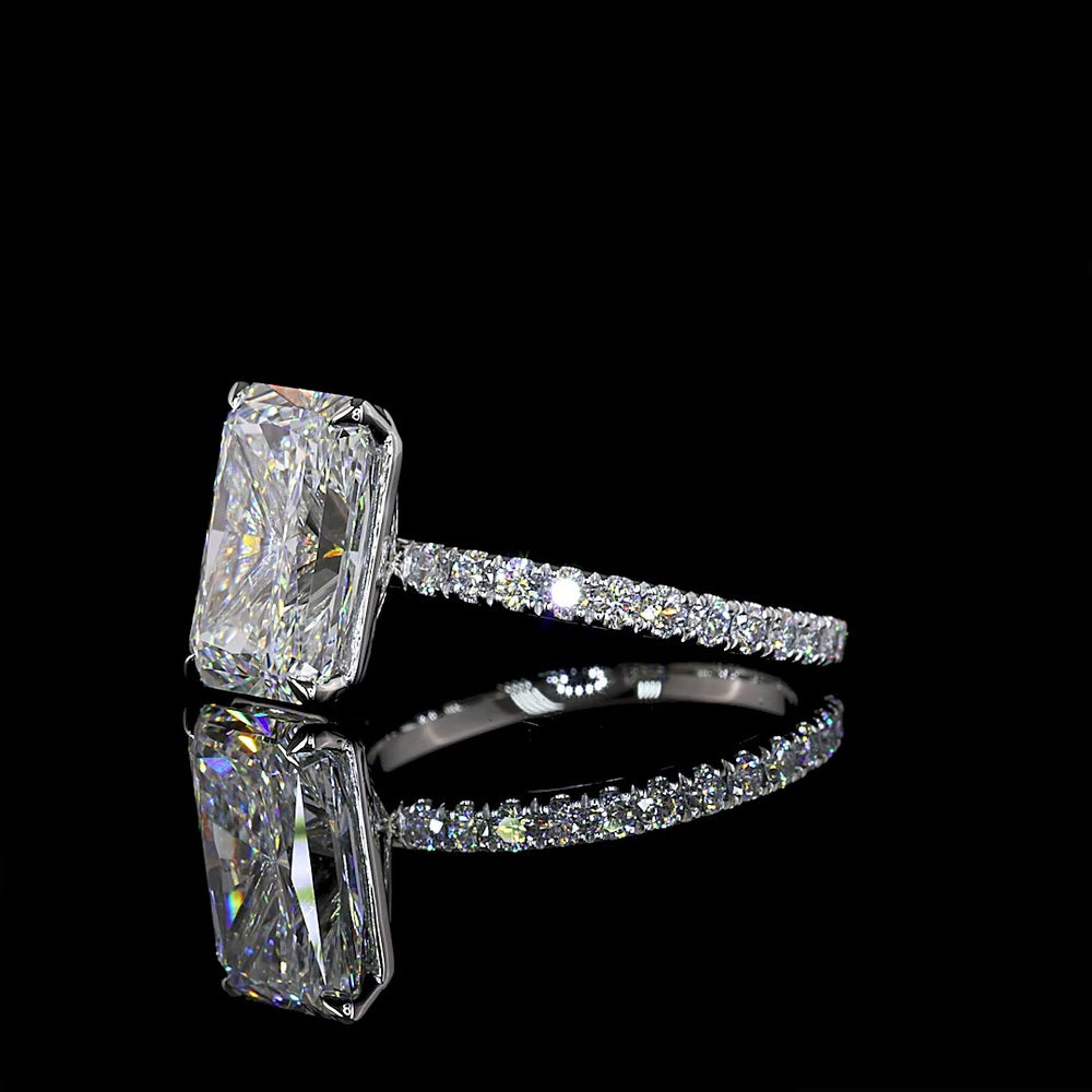 Platinum Radiant Cut Lab Diamond Solitaire Ring with North-South Setting and Pave Shank - 4.03 Carats Center, 4.5 Carats Total Diamond Weight - Covaloro Fine Jewelry