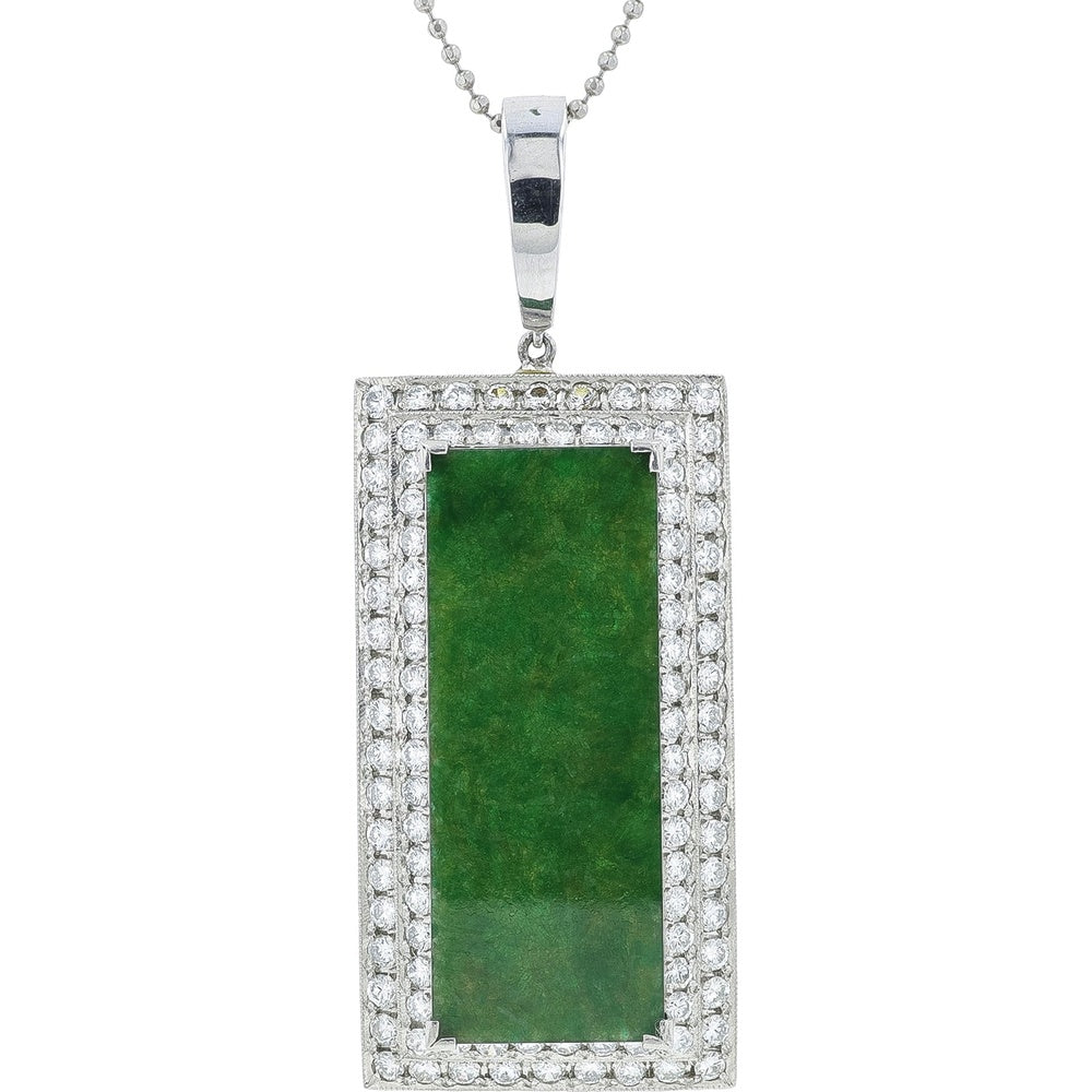 Platinum Rectangular Jade Pendant with Pavé-Set Round Diamond Halo - 2.45 Carat Total Diamond Weight