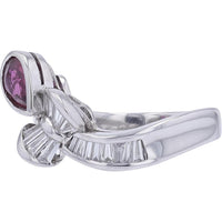 Platinum Ribbon-Style Ring with Pear-Shaped Ruby - 0.98 Carats and Baguette Diamonds - 0.65 Carats Total Diamond Weight