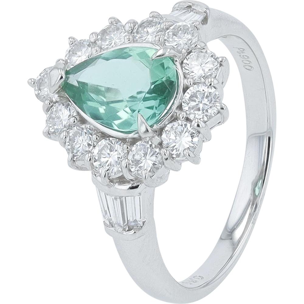 Platinum Ring with 0.80 Carat Brazilian Tourmaline and 0.75 Carat Diamond Halo and Baguette Accents