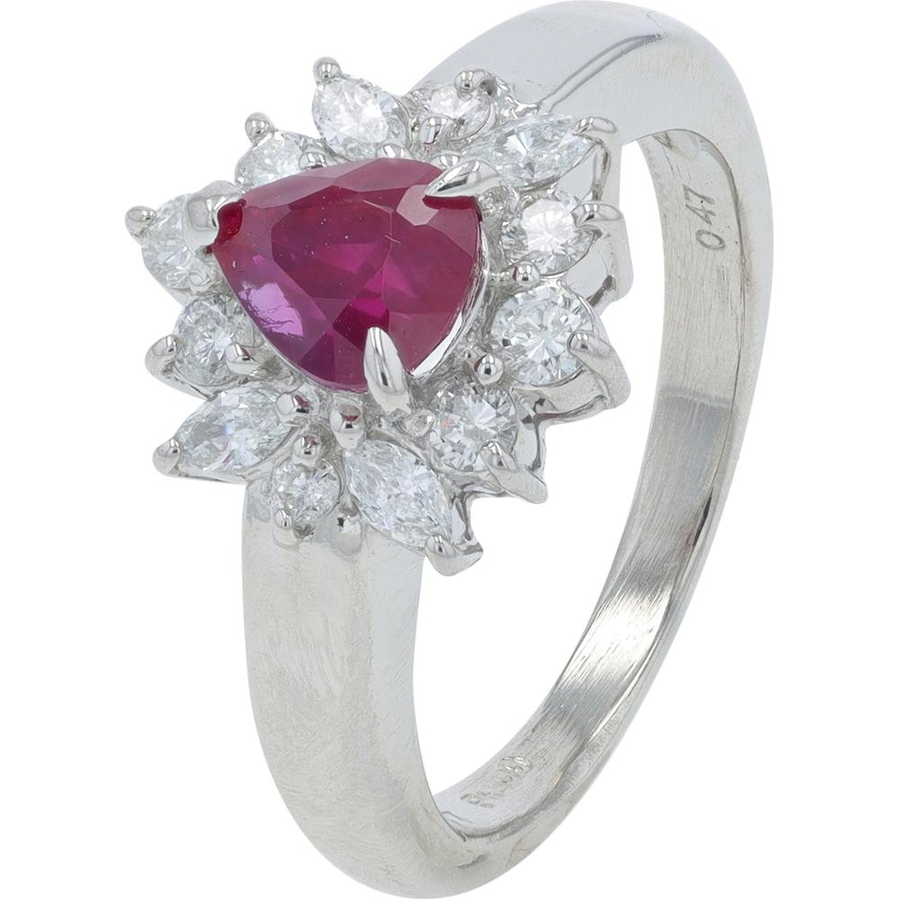 Platinum Ring with 1.177 Carat Heart - Shaped Ruby and 0.47 Carat Diamond Halo