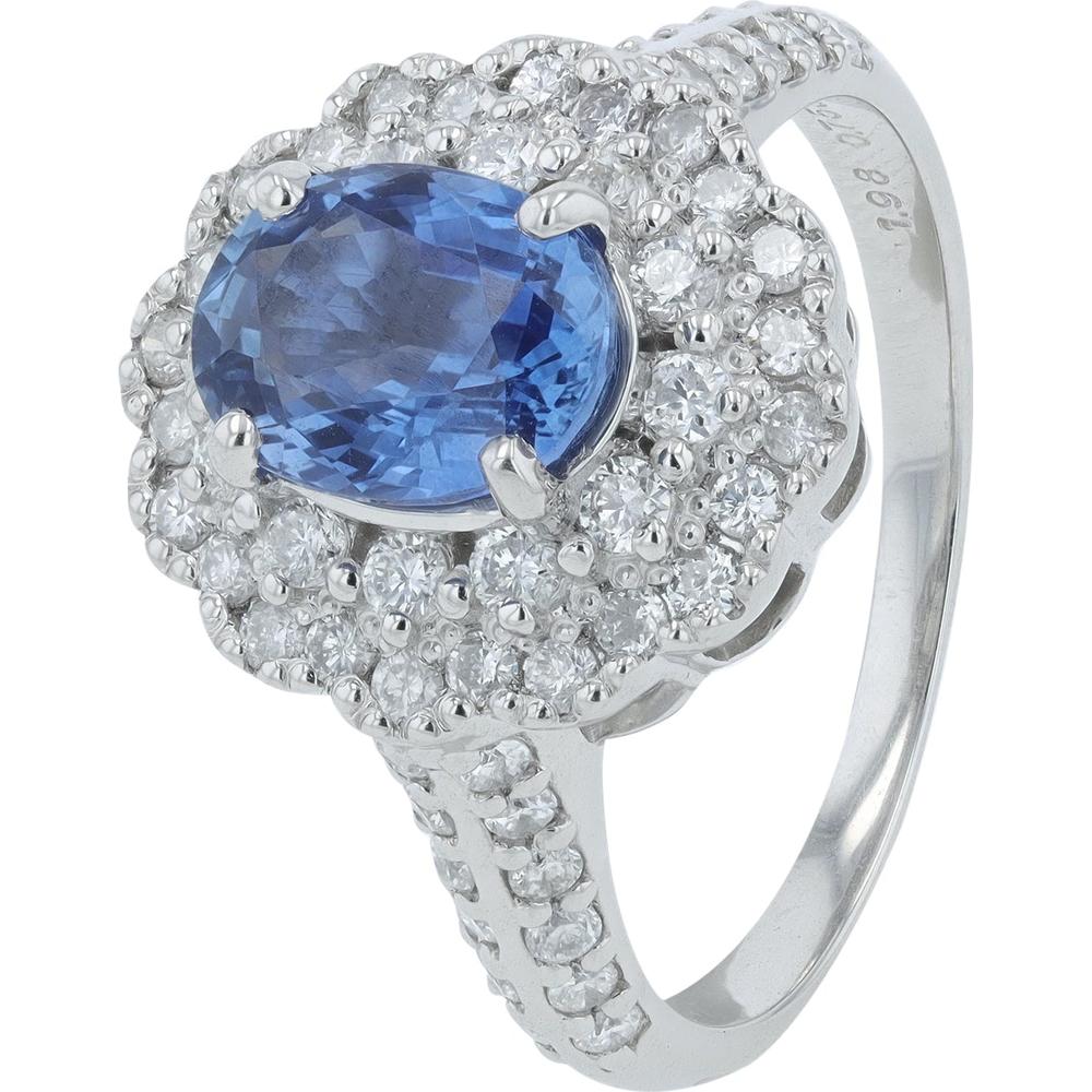 Platinum Ring with 1.98 Carat Oval-Cut Sapphire and 0.75 Carat Diamond Halo