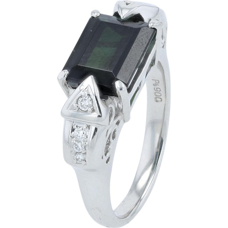 Platinum Ring with 3.55 Carat Emerald-Cut Green Tourmaline and Diamond Accents