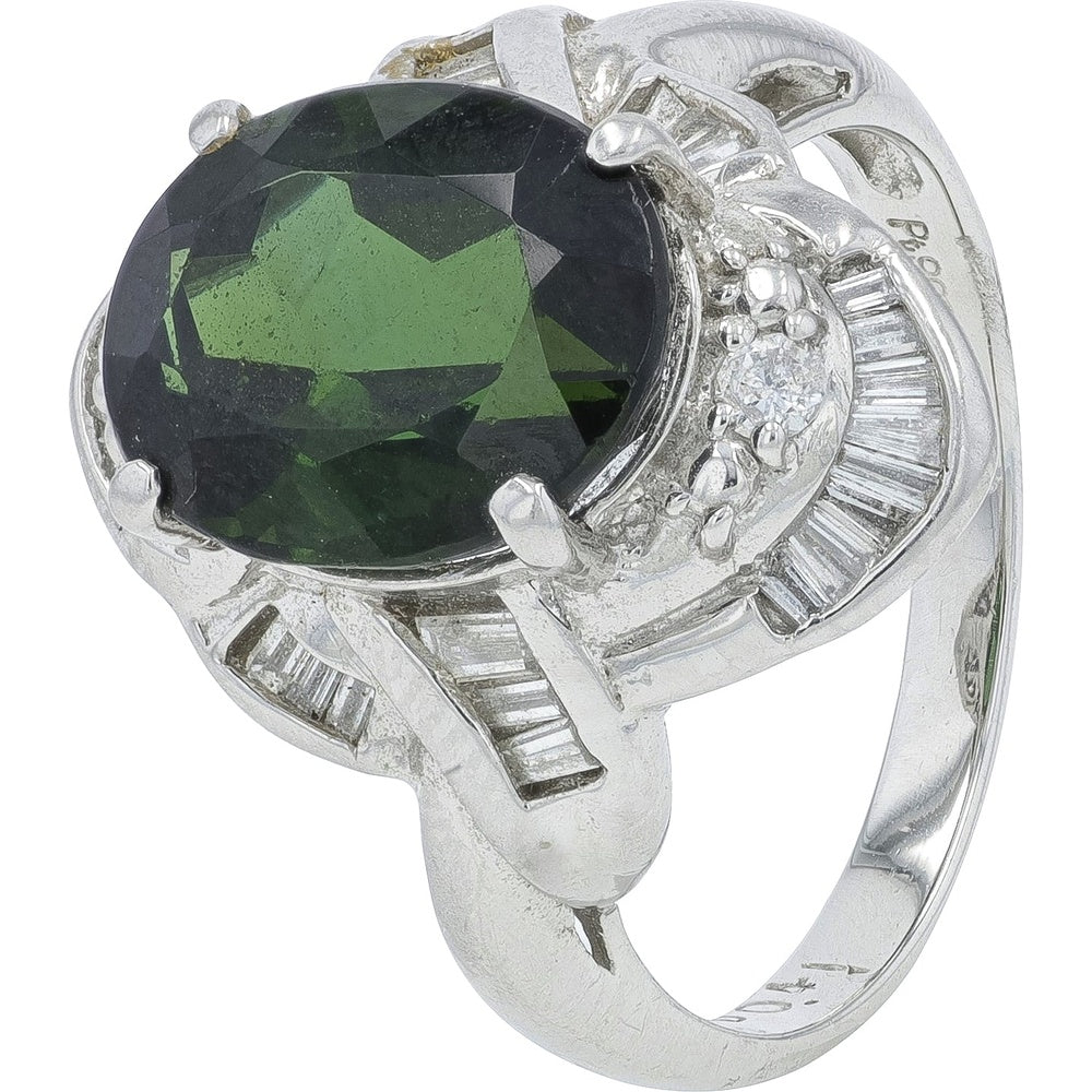 Platinum Ring with 4.56 Carat Oval Tourmaline and Baguette Diamond Accents - 0.41 Carat Total Diamond Weight