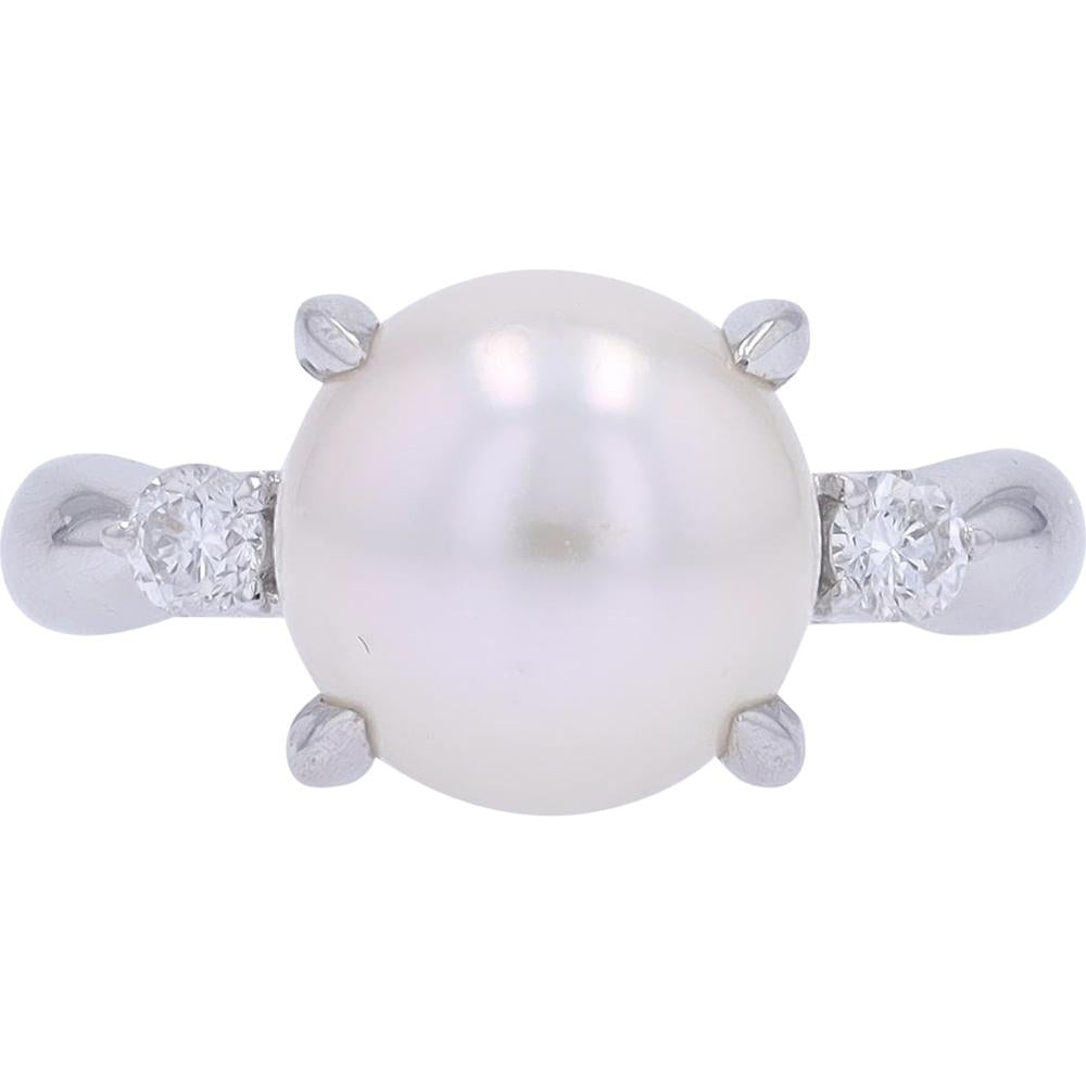Platinum Ring with 9.15mm Pearl Center and 0.15 Carat Total Diamond Accents - Size 5