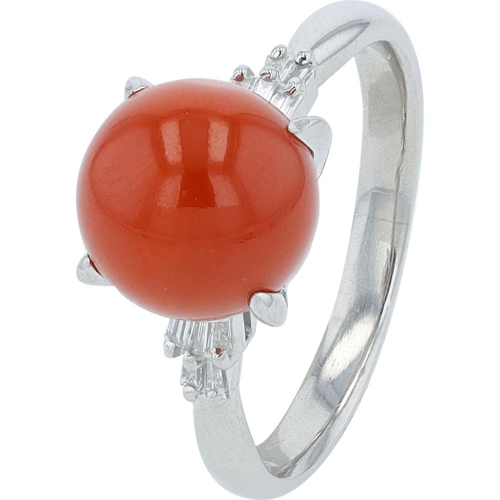 Platinum Ring with 9.3 mm Round Coral and Diamond Accents - 0.12 Carats Total Diamond Weight