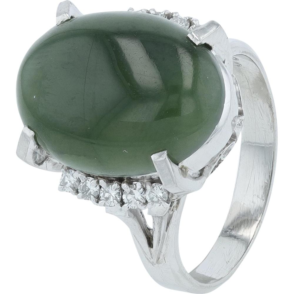 Platinum Ring with Oval Jade Center Stone and Diamond Accents - 0.20 Carats Total Diamond Weight
