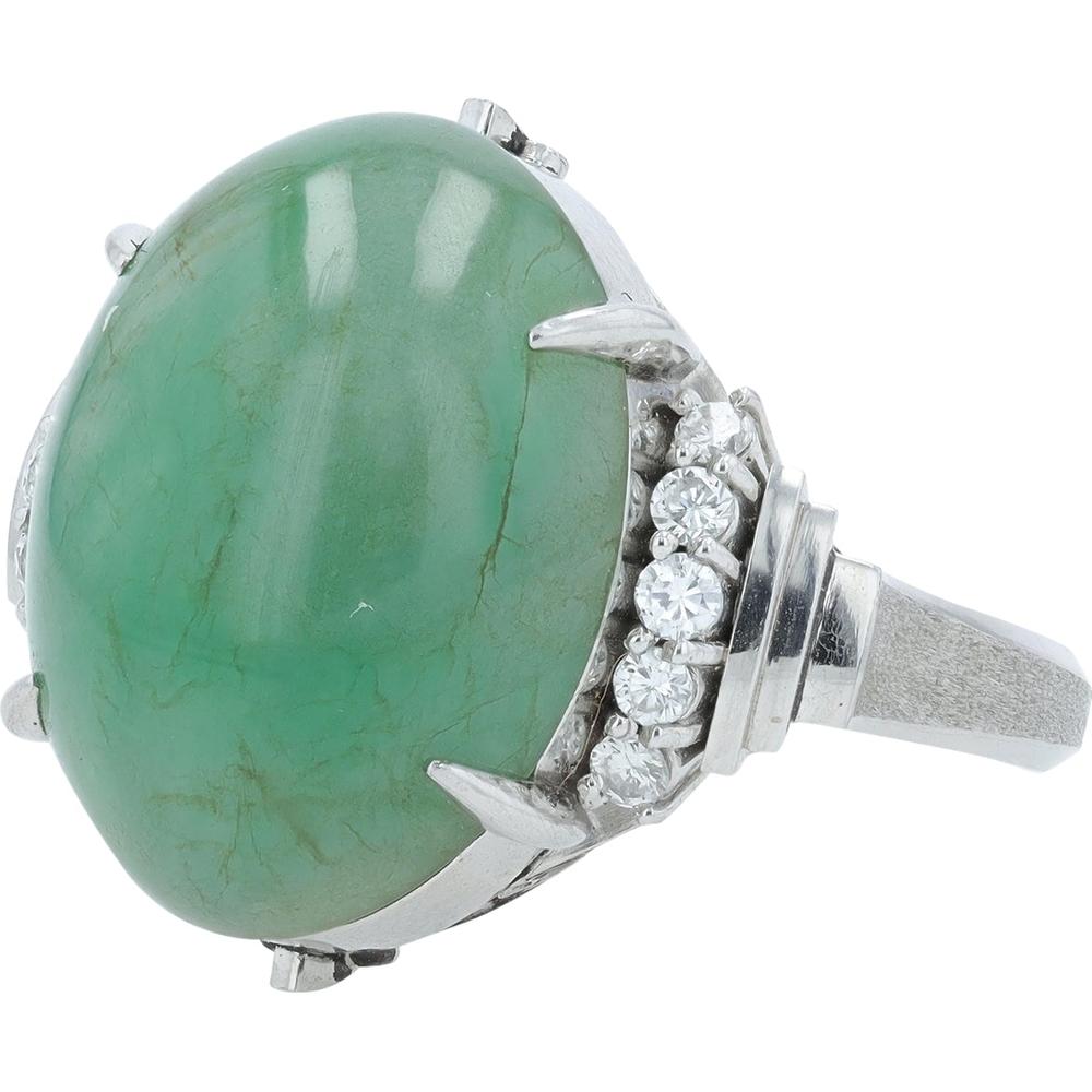 Platinum Ring with Round Jade Center and 0.16 Carat Diamond Accents