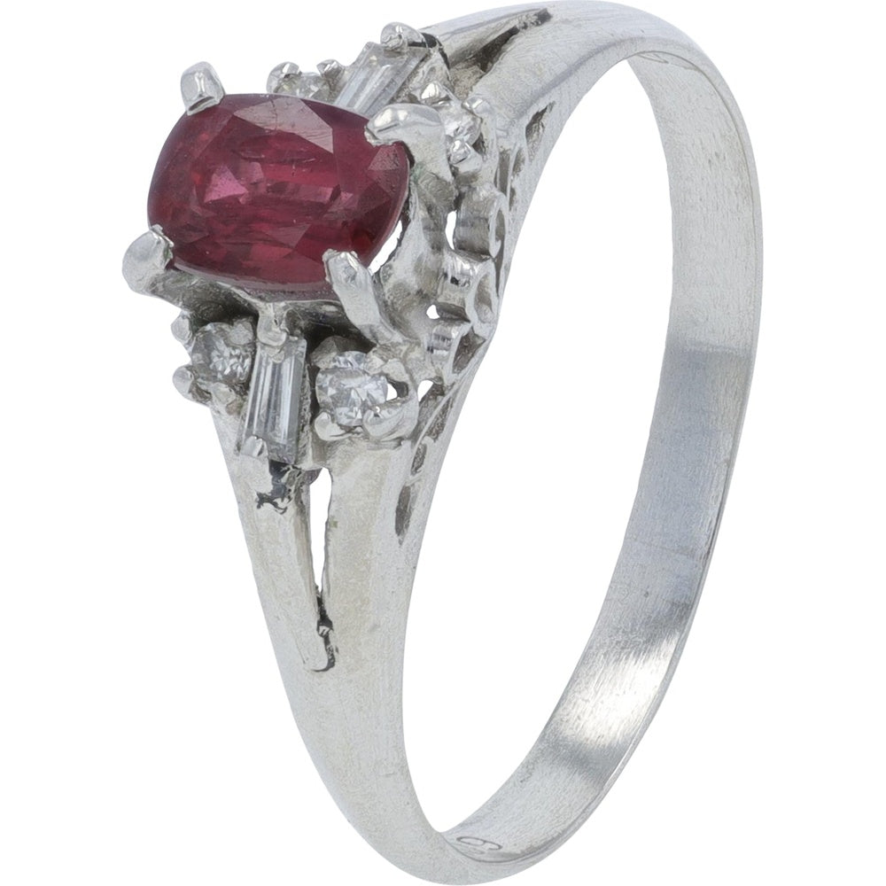 Platinum Ruby and Diamond Accent Ring with Split Shank Design - 0.41 Carat Ruby with 0.09 Carat Mixed-Cut Diamonds