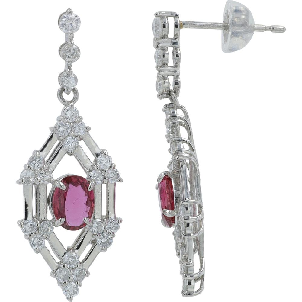 Platinum Ruby and Diamond Drop Earrings - 0.98 Carat Total Ruby Weight, 1.00 Carat Total Diamond Weight